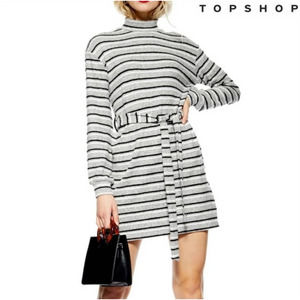 Topshop Mock Neck  Sweater Dress Tie Waist Belt Gray White & Black Stripes #489